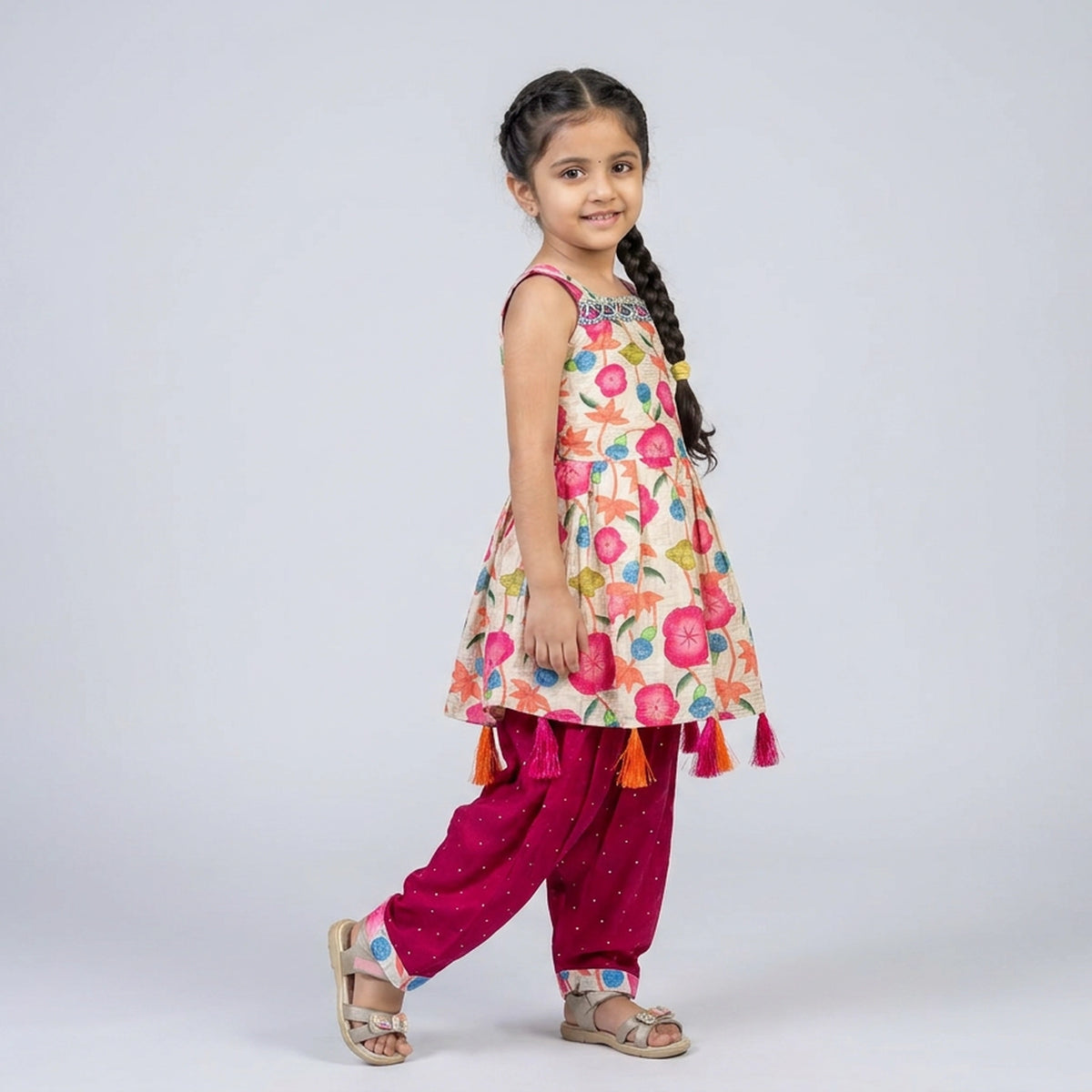 Girls Floral Print Peplum Top with Dhoti Salwar Set – Ethnic Indo-Western Kids Wear