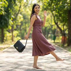 Ribbed Midi Dress with Ruffle Sleeves & Tie Front – Elegant A-Line Summer Dress for Women