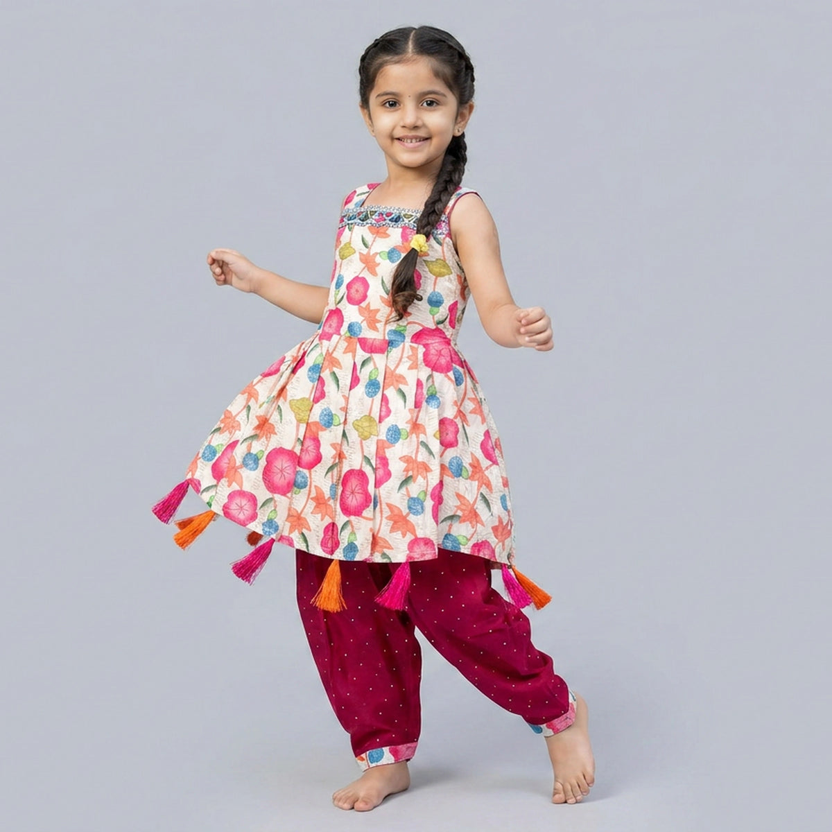 Girls Floral Print Peplum Top with Dhoti Salwar Set – Ethnic Indo-Western Kids Wear