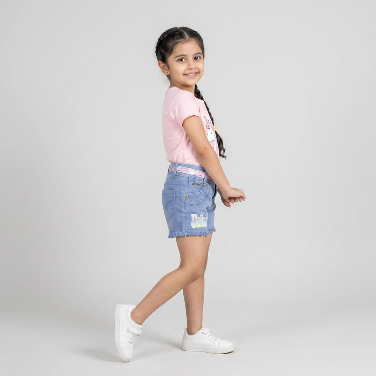 Girls Blue Denim Frayed Hem Shorts with Unicorn Print and Belt