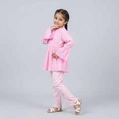 Girls Blush Pink A-Line Kurti with Leggings Set – Elegant Long Sleeve Casual & Festive Wear Outfit for Kids