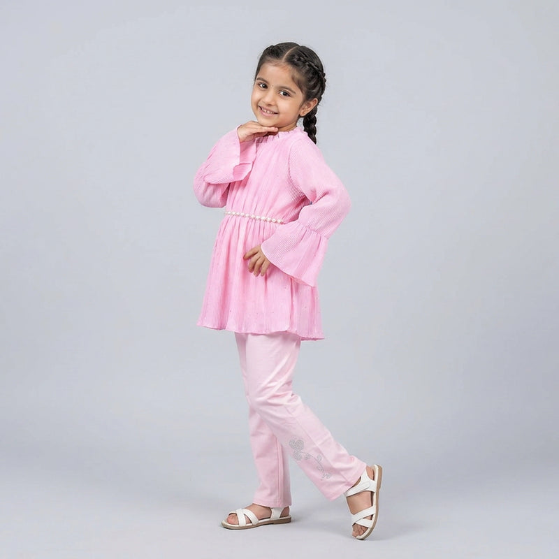 Girls Blush Pink A-Line Kurti with Leggings Set – Elegant Long Sleeve Casual & Festive Wear Outfit for Kids
