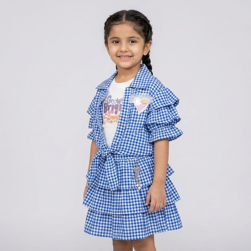 Girls Gingham Co-Ord Skirt Set with Ruffle Sleeves – Stylish Casual & Party Wear Outfit for Kids