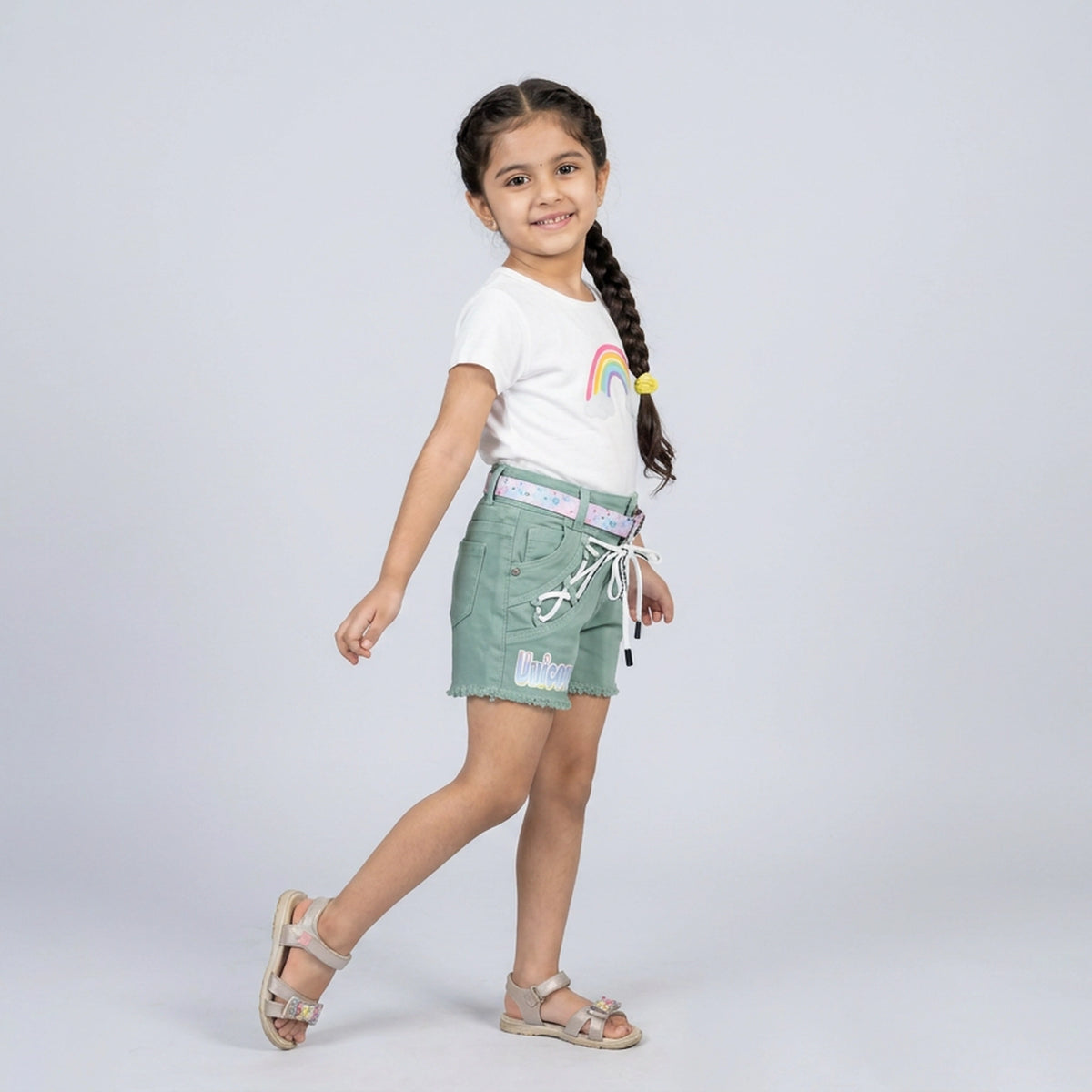 Girls Blue Denim Frayed Hem Shorts with Unicorn Print and Belt