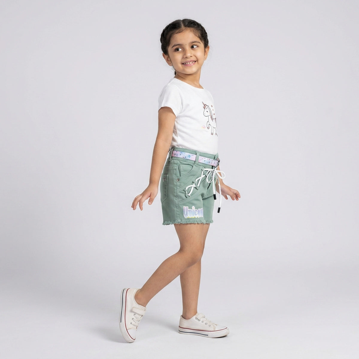 Girls Blue Denim Frayed Hem Shorts with Unicorn Print and Belt