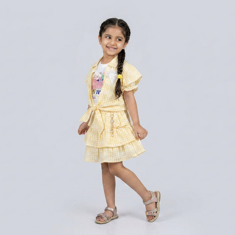 Girls Gingham Co-Ord Skirt Set with Ruffle Sleeves – Stylish Casual & Party Wear Outfit for Kids