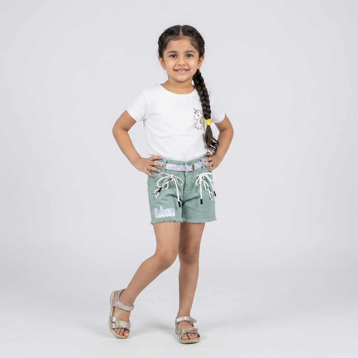 Girls Blue Denim Frayed Hem Shorts with Unicorn Print and Belt