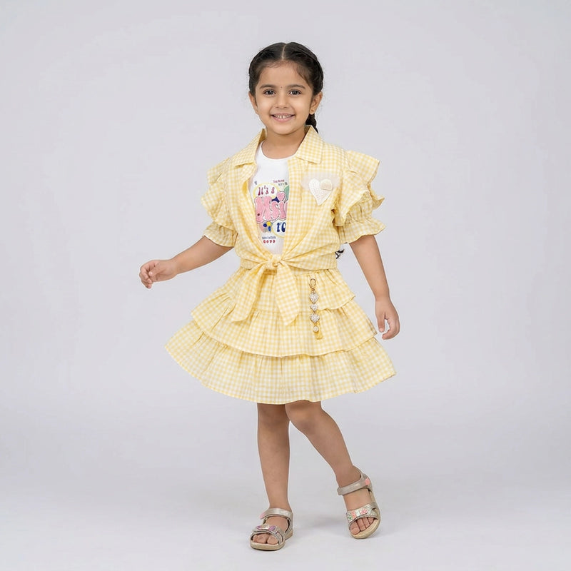Girls Gingham Co-Ord Skirt Set with Ruffle Sleeves – Stylish Casual & Party Wear Outfit for Kids
