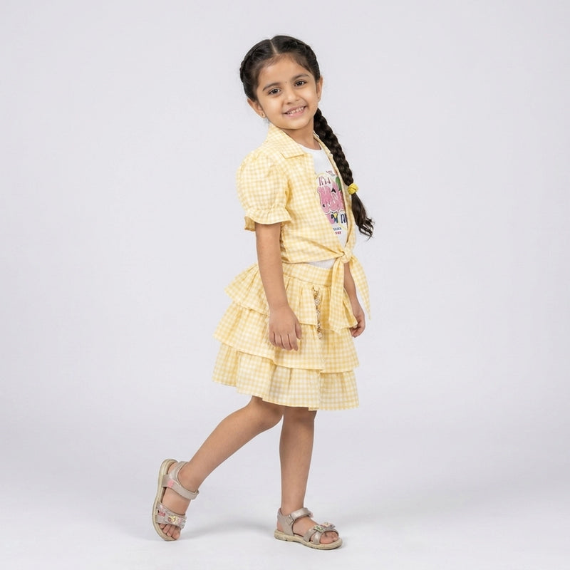 Girls Gingham Co-Ord Skirt Set with Ruffle Sleeves – Stylish Casual & Party Wear Outfit for Kids