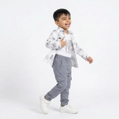 Boys White Printed Shirt with Graphic T-Shirt and Grey Cargo Pants Set
