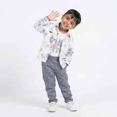 Boys White Printed Shirt with Graphic T-Shirt and Grey Cargo Pants Set