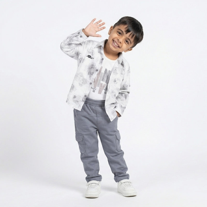 Boys White Printed Shirt with Graphic T-Shirt and Grey Cargo Pants Set