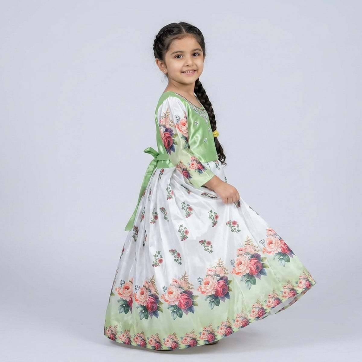 Girls Sage Green Embroidered Floral Print Satin Gown – Kids Party Wear Maxi Dress