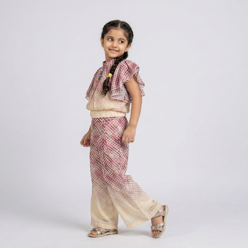 Girls Pink Ombre Checkered Co-Ord Set with Ruffle Sleeves – Stylish Wide Leg Palazzo Outfit for Kids