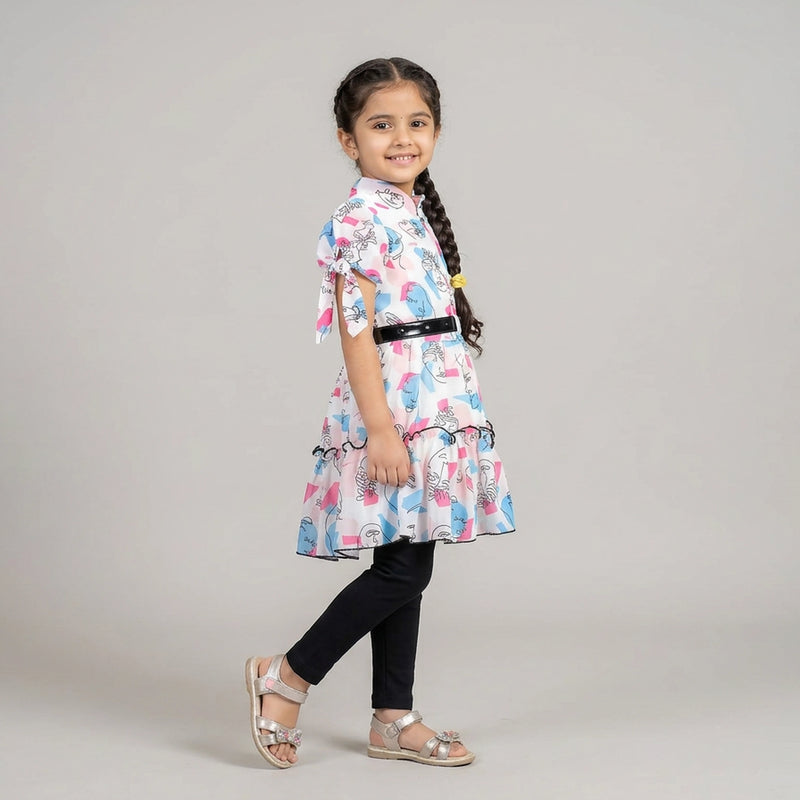 Girls Abstract Print Fit & Flare Dress with Leggings – Stylish Casual Party Wear Outfit for Kids