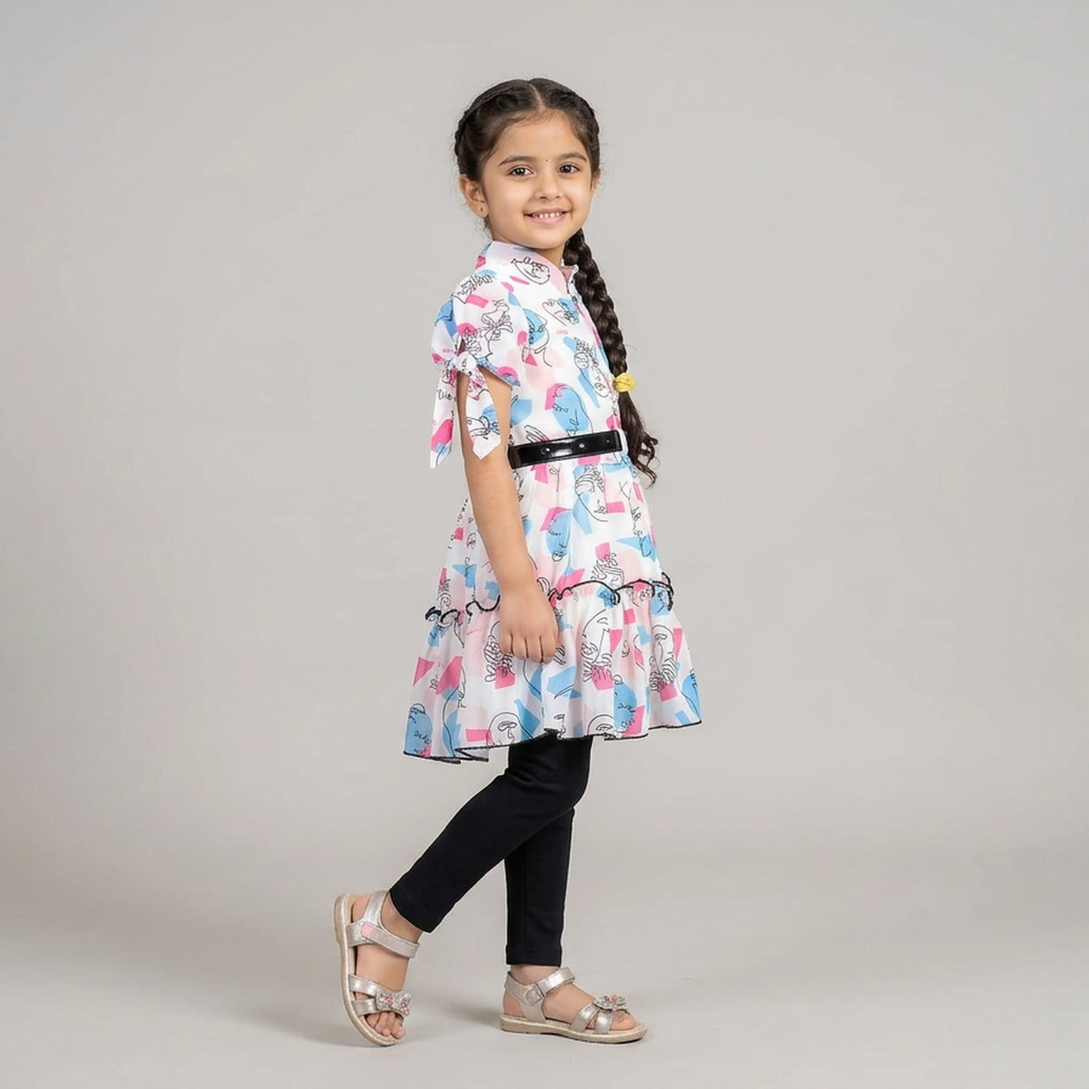 Girls Abstract Print Fit & Flare Dress with Leggings – Stylish Casual Party Wear Outfit for Kids - image 5