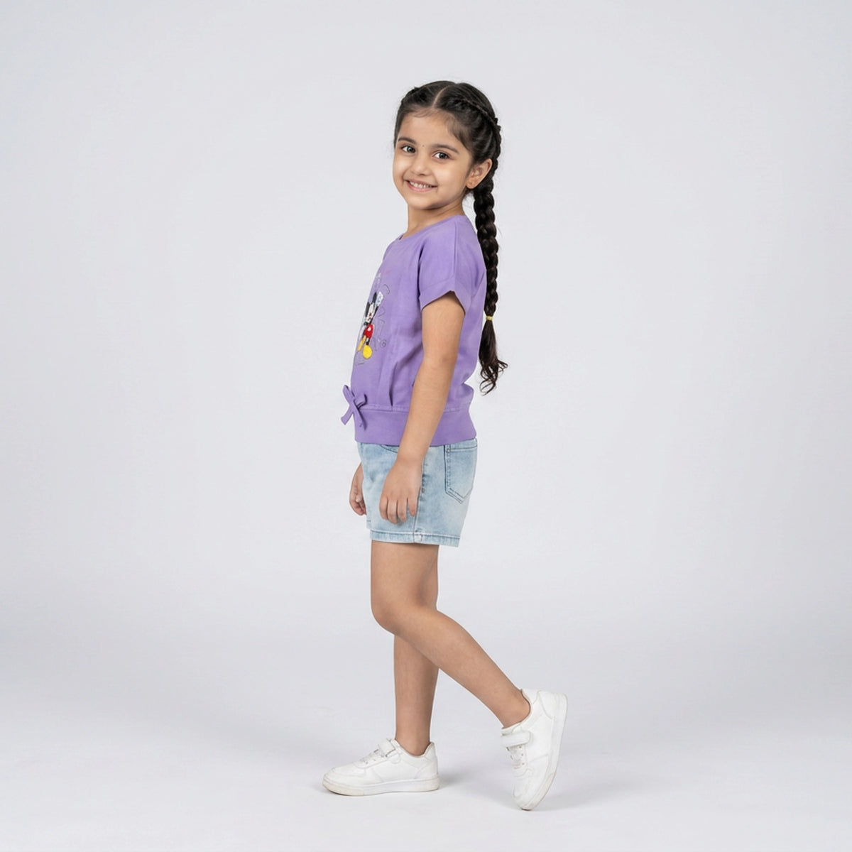 Girls Purple Graphic Print T-Shirt with Tie-Front Detail