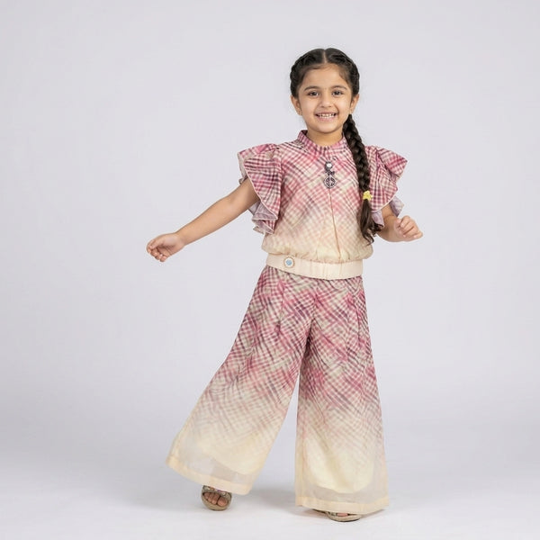 Girls Pink Ombre Checkered Co-Ord Set with Ruffle Sleeves – Stylish Wide Leg Palazzo Outfit for Kids