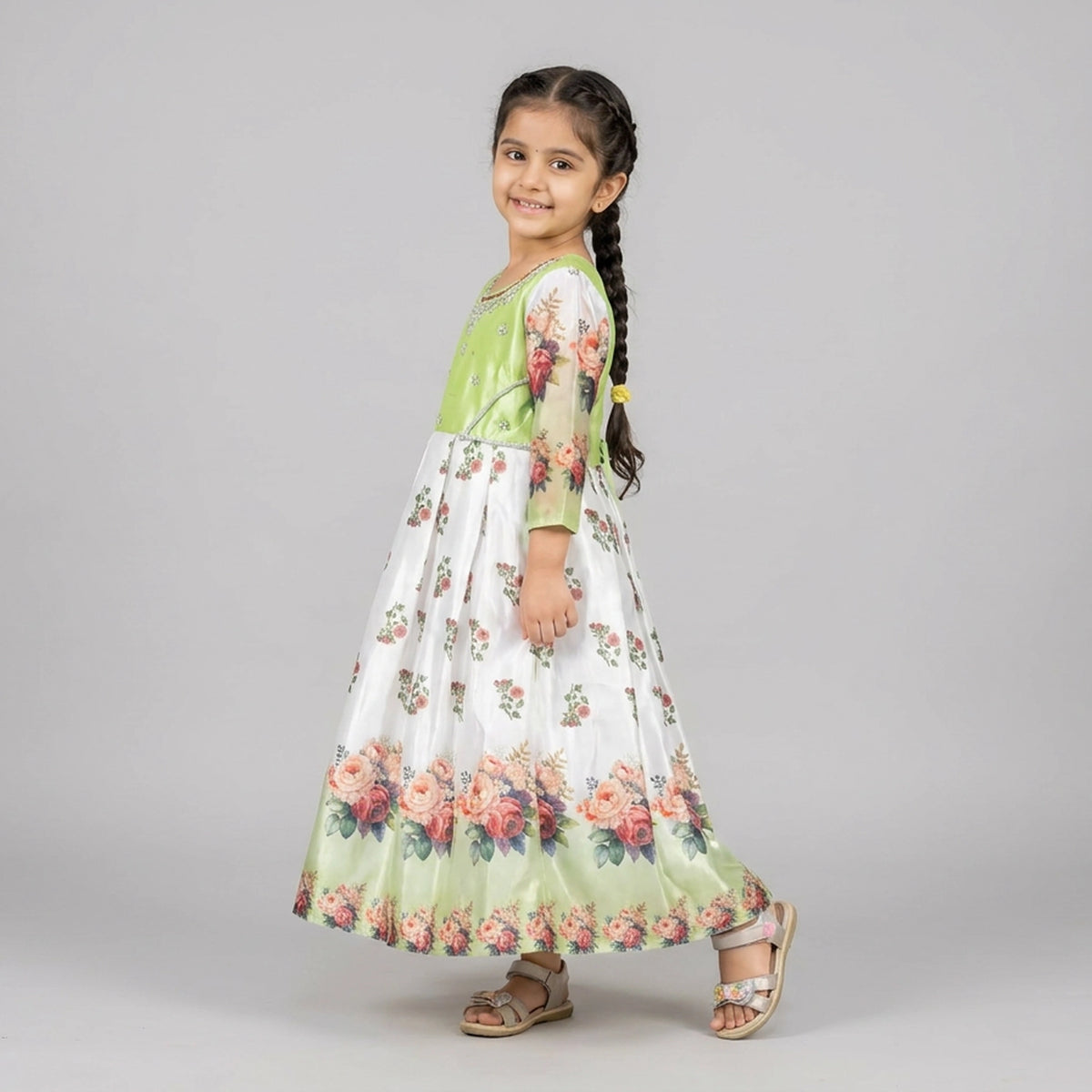 Girls Sage Green Embroidered Floral Print Satin Gown – Kids Party Wear Maxi Dress