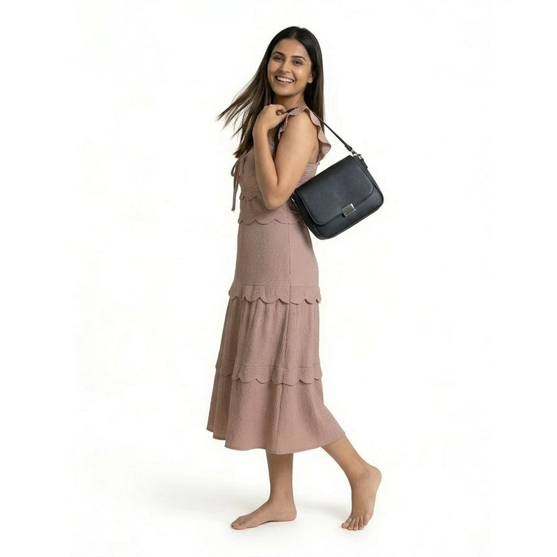 Ribbed Midi Dress with Ruffle Sleeves & Tie Front – Elegant A-Line Summer Dress for Women
