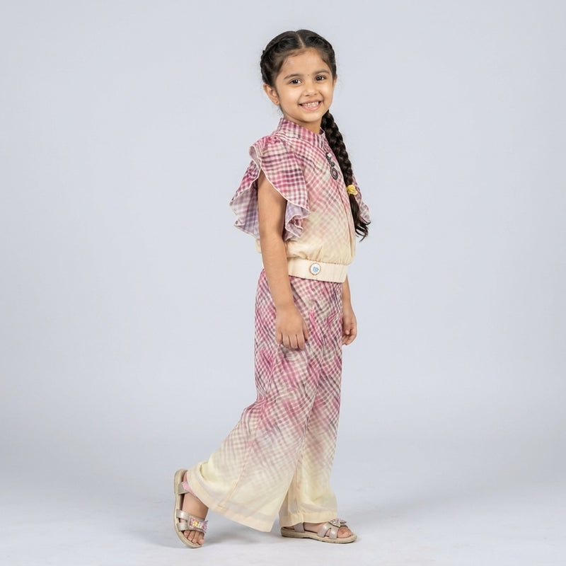 Girl wearing pink ombre checkered co-ord set with ruffle sleeves and wide leg palazzo pants stylish party wear outfit for kids