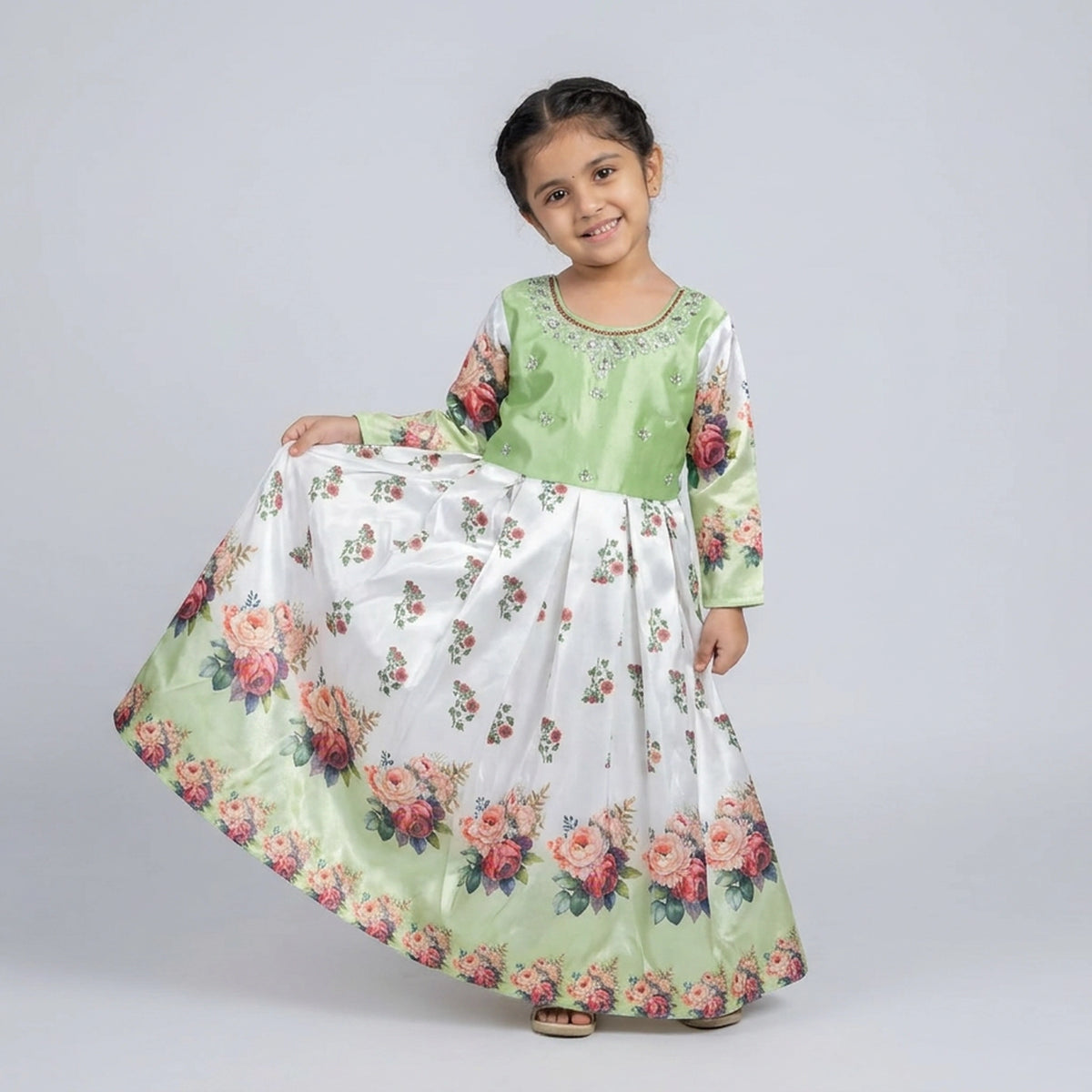 Girls Sage Green Embroidered Floral Print Satin Gown – Kids Party Wear Maxi Dress