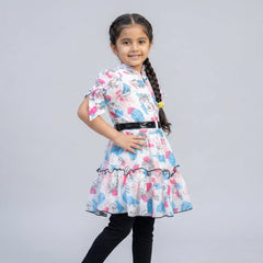 Girl wearing abstract print fit and flare dress with black leggings stylish casual party wear outfit for kids modern girls fashion clothing