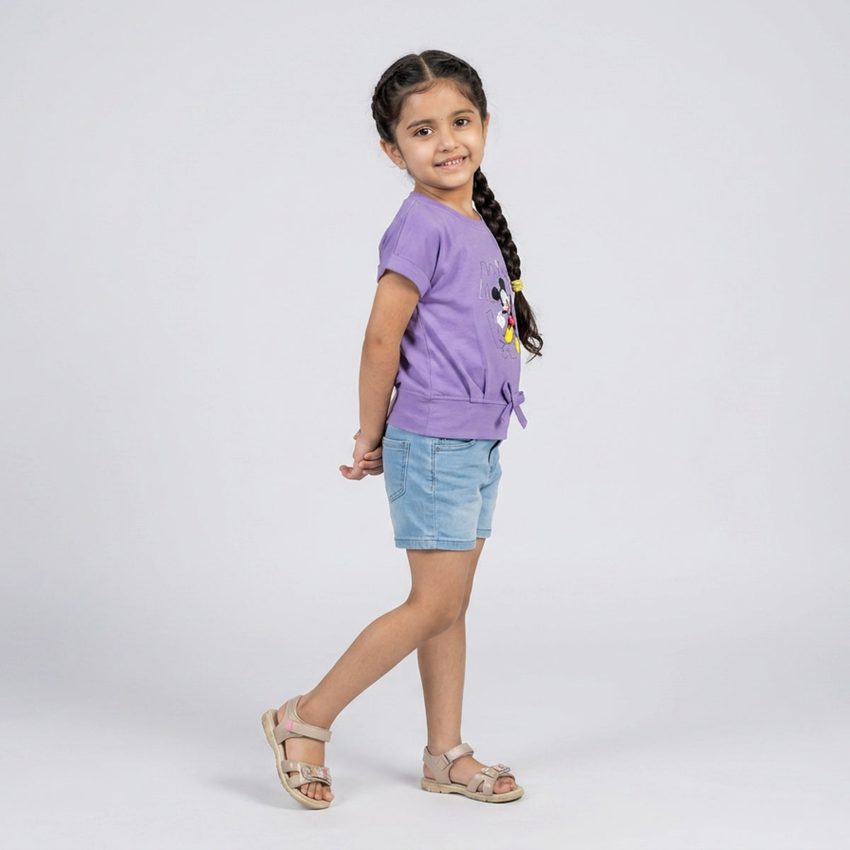Girls Purple Graphic Print T-Shirt with Tie-Front Detail