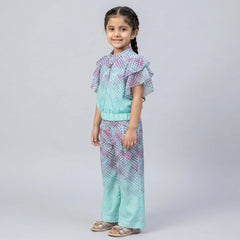 Girls Pink Ombre Checkered Co-Ord Set with Ruffle Sleeves – Stylish Wide Leg Palazzo Outfit for Kids