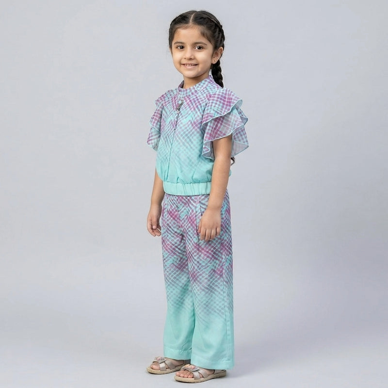 Girls Pink Ombre Checkered Co-Ord Set with Ruffle Sleeves – Stylish Wide Leg Palazzo Outfit for Kids