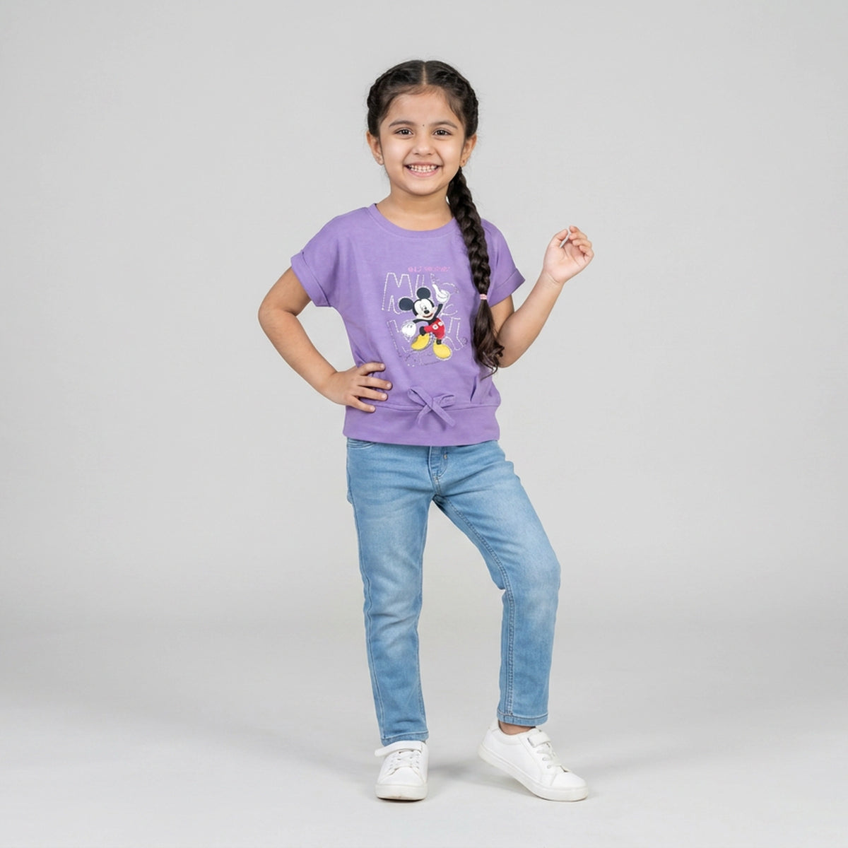 Girls Purple Graphic Print T-Shirt with Tie-Front Detail