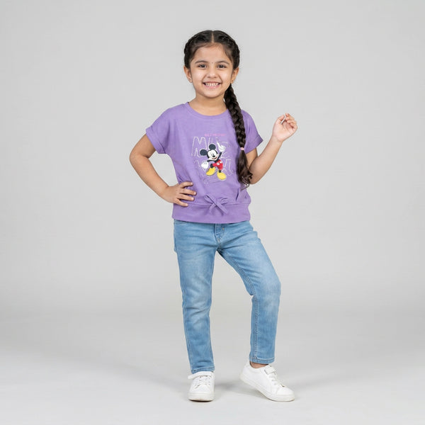 Girls Purple Graphic Print T-Shirt with Tie-Front Detail