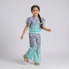 Girls Pink Ombre Checkered Co-Ord Set with Ruffle Sleeves – Stylish Wide Leg Palazzo Outfit for Kids