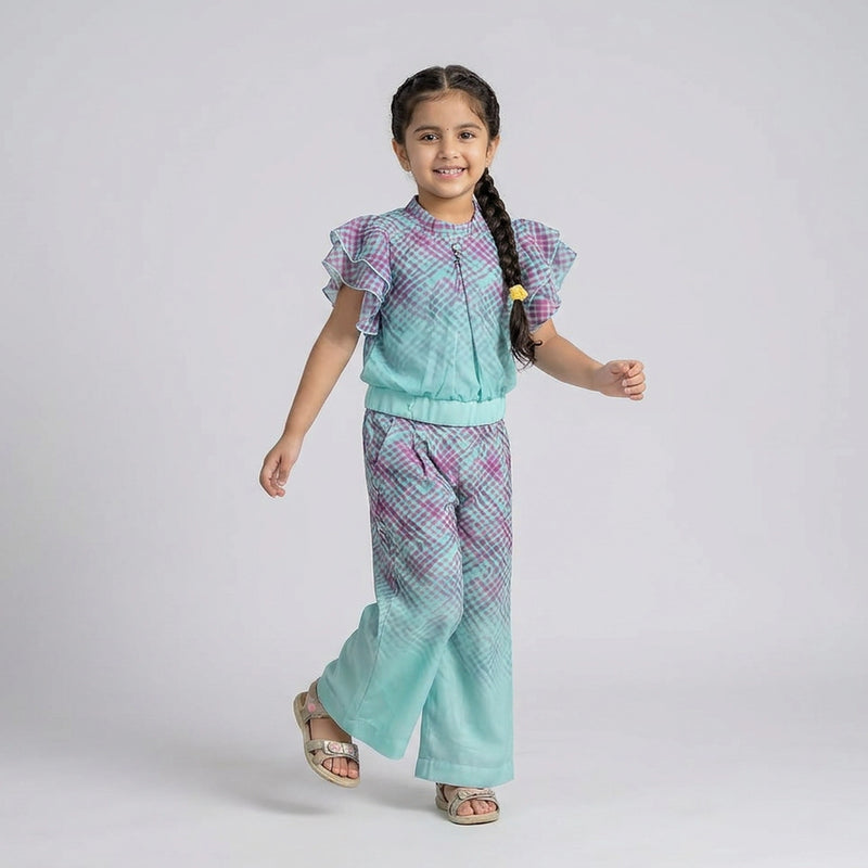 Girls Pink Ombre Checkered Co-Ord Set with Ruffle Sleeves – Stylish Wide Leg Palazzo Outfit for Kids