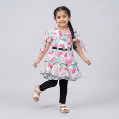 Girls Abstract Print Fit & Flare Dress with Leggings – Stylish Casual Party Wear Outfit for Kids