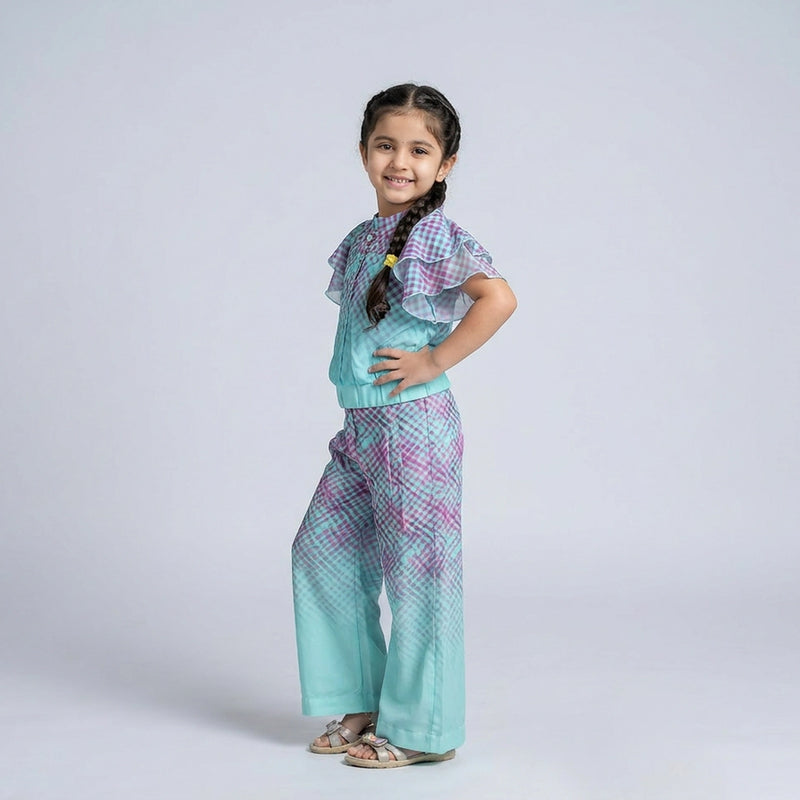 Girls Pink Ombre Checkered Co-Ord Set with Ruffle Sleeves – Stylish Wide Leg Palazzo Outfit for Kids