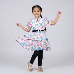 Girls Abstract Print Fit & Flare Dress with Leggings – Stylish Casual Party Wear Outfit for Kids