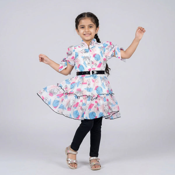 Girls Abstract Print Fit & Flare Dress with Leggings – Stylish Casual Party Wear Outfit for Kids