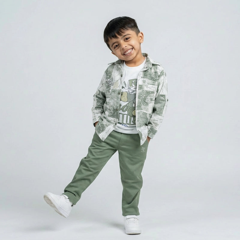 BOYS Printed Shirt with Graphic T-Shirt and Casual Pants Set