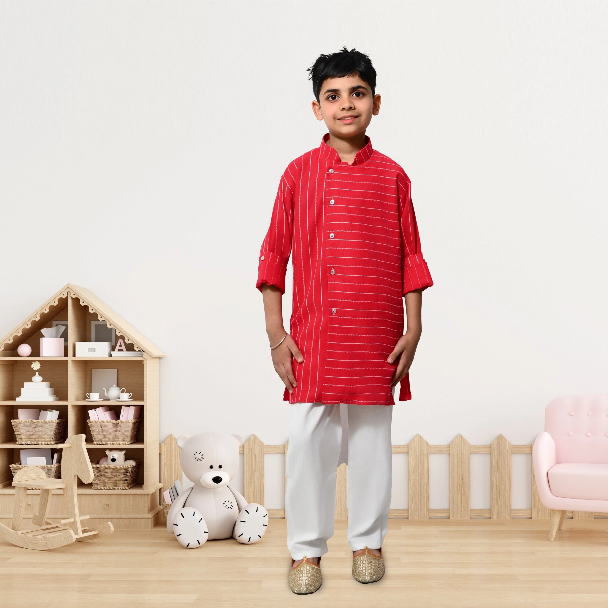 Boys Red Striped Kurta Pyjama Set – Festive Ethnic Wear for Kids