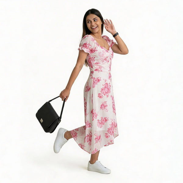 A smiling woman wearing a white midi dress with pink floral prints, paired with white sneakers. She is posing playfully on one leg, holding a black handbag, and looking over her shoulder against a plain white background.