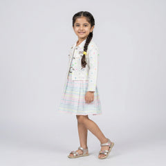 Girls Pastel Stripe Fit & Flare Dress with Polka Dot Jacket – Stylish Casual Party Wear Dress for Kids