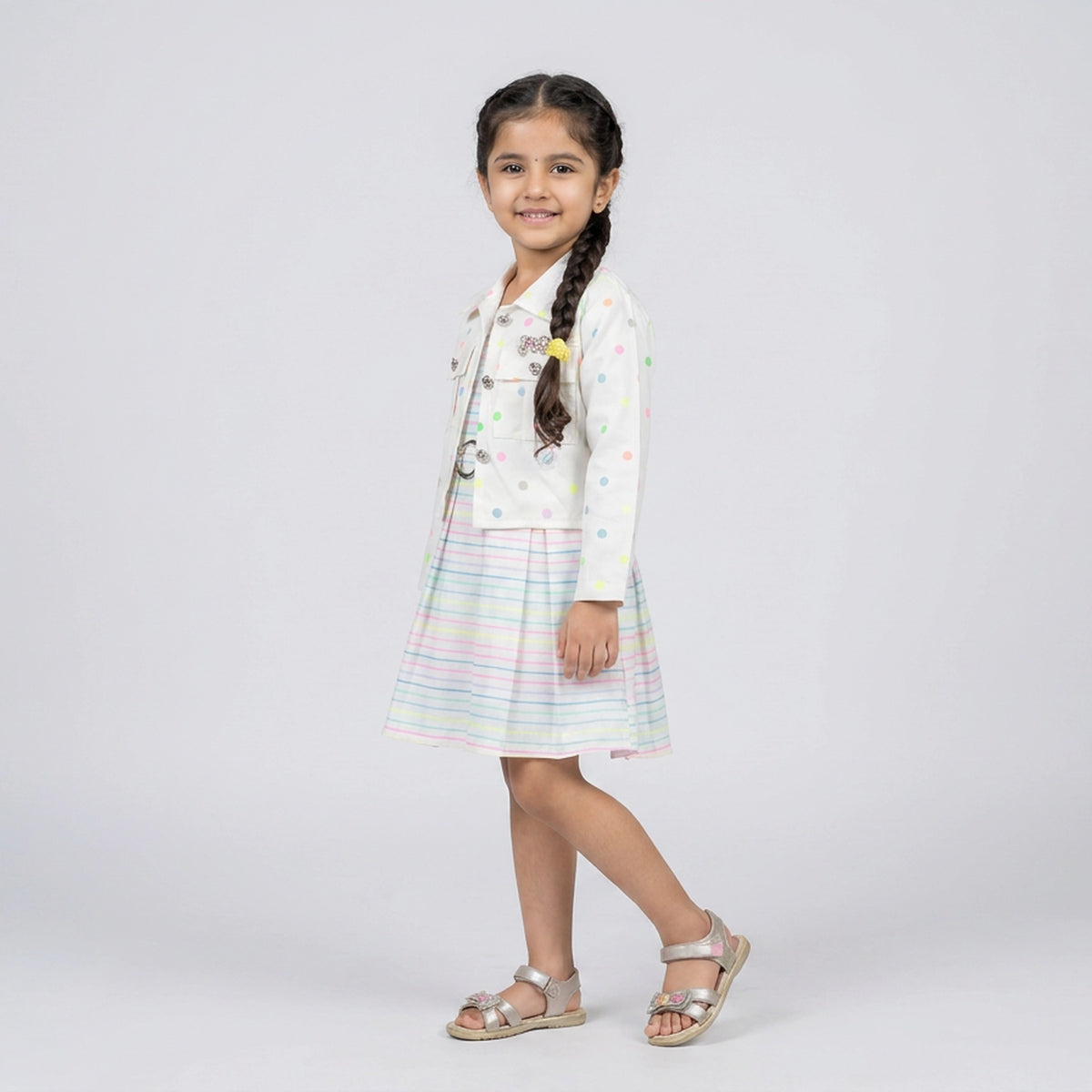 Girls Pastel Stripe Fit & Flare Dress with Polka Dot Jacket – Stylish Casual Party Wear Dress for Kids - image 3