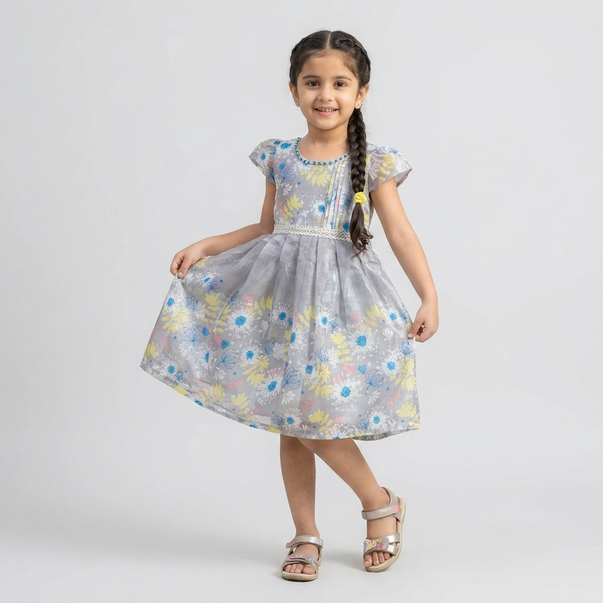 Girls Grey Floral Print Organza Fit & Flare Dress with Beaded Neckline