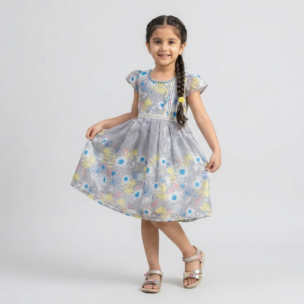Girls Grey Floral Print Organza Fit & Flare Dress with Beaded Neckline
