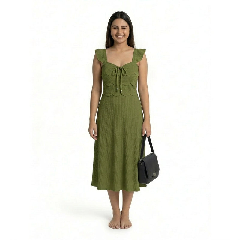 Ribbed Midi Dress with Ruffle Sleeves & Tie Front – Elegant A-Line Summer Dress for Women