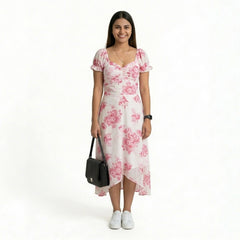 Floral Midi Dress with Puff Sleeves & Sweetheart Neckline – Elegant Summer A-Line Dress for Women
