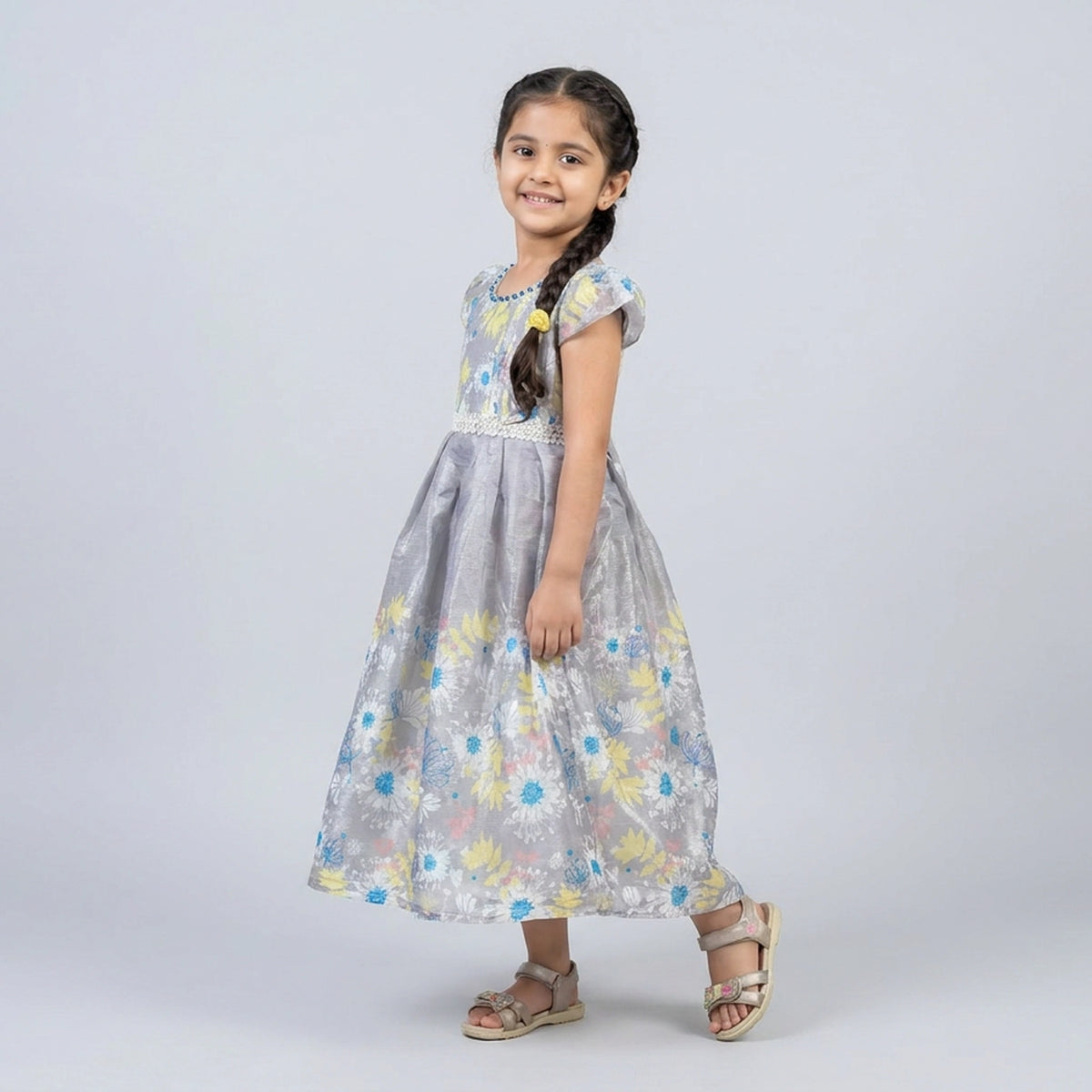 Girls Grey Floral Print Organza Fit & Flare Dress with Beaded Neckline