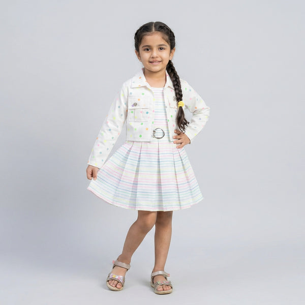 Girls Pastel Stripe Fit & Flare Dress with Polka Dot Jacket – Stylish Casual Party Wear Dress for Kids