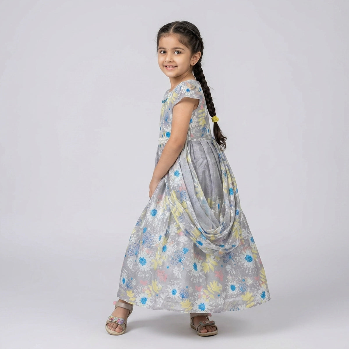 Girls Grey Floral Print Organza Fit & Flare Dress with Beaded Neckline